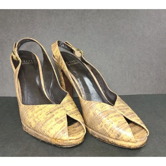 Stuart Weitzman Tan Textured Leather Slingback Peep Toe Heels Size 8W EUC - Picture 1 of 8